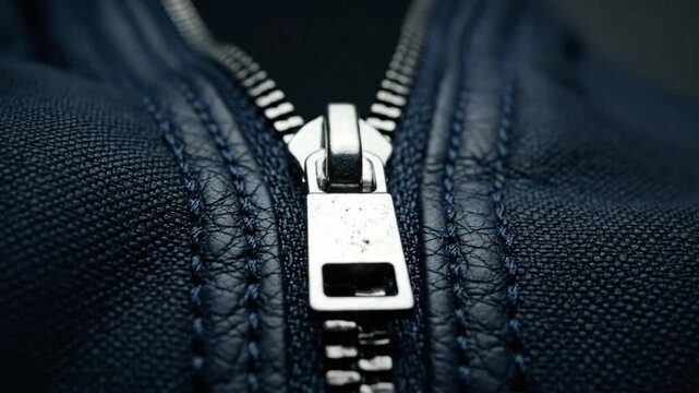 Close up view of the zipper on a navy blue leather jacket focusing on detail and texture