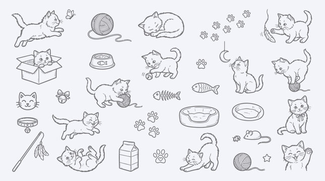 A charming collection of hand-drawn illustrations featuring playful kittens engaged in various activities, surrounded by toys and accessories.