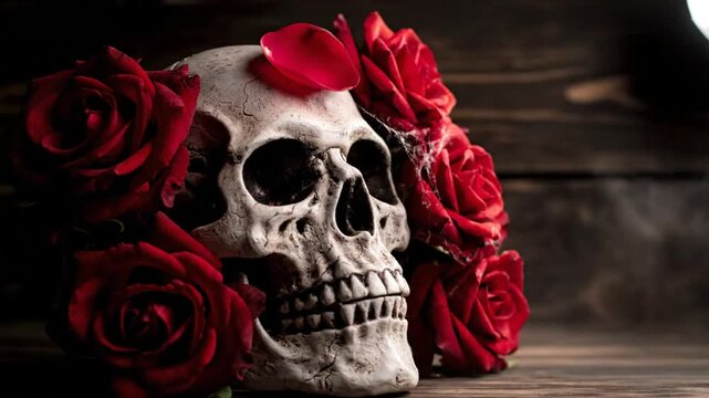 Spooky skull with red roses, a Day of the Dead celebration concept on a rustic wood background