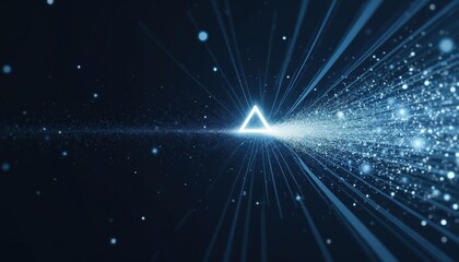 Fototapeta premium Abstract neon triangle emits bright blue light particles and rays. Digital data stream expands outward in dark space, conveying futuristic motion and energy.