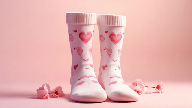 Pair of pink and white socks with heart patterns for Valentine's Day