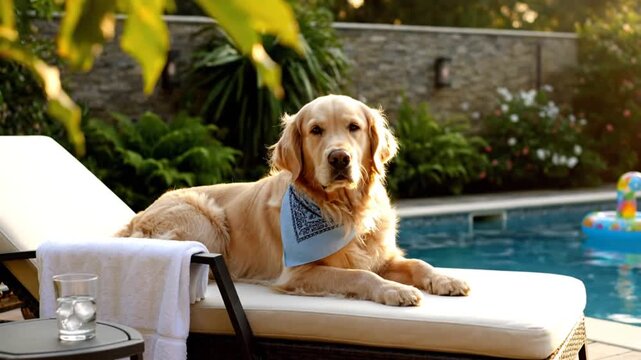Golden Retriever relaxing on a sun lounger near a swimming pool on a beautiful sunny day