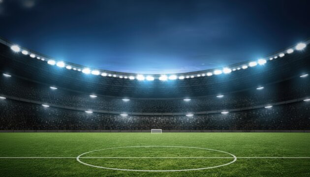 Soccer stadium lights shine over the green grass pitch and artificial turf field as white lines mark the ground for a football competition under the evening sky