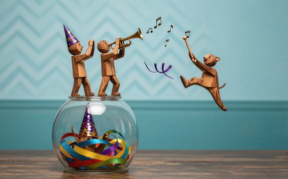 Wooden bears celebrate in glass dome with confetti and music notes.