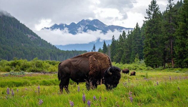 Bison grazing in a grassy meadow