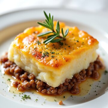 Hachis Parmentier with golden cheese crust sits on white plate. Layers of mashed potato top seasoned ground meat. Sprig of rosemary adds fresh garnish. This classic dish looks hearty and delicious.