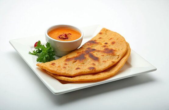 Two Indian roti prata flatbreads served with spicy chicken curry gravy sauce in a white dish. Garnished with fresh parsley and a chili pepper.