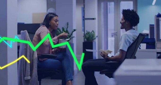 Vertical video: Eating casual coworkers on break in office, holding to-go meals, moving graphs