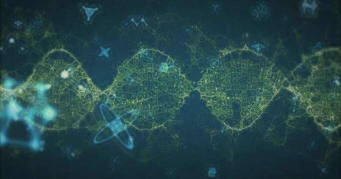 Glowing network wave forming neon green mesh loops across deep blue background, with cyan nodes