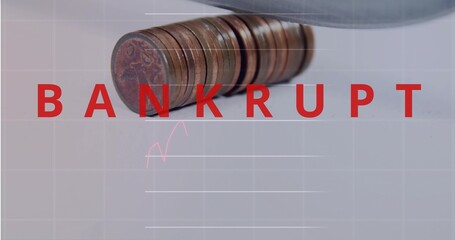 Displaying copper coin stack on white tabletop, showing red BANKRUPT, grid, pink arrow, partial rim © vectorfusionart