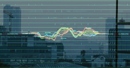 Displaying translucent multicolored line chart and grid overlay through office glass, with rooftops © vectorfusionart