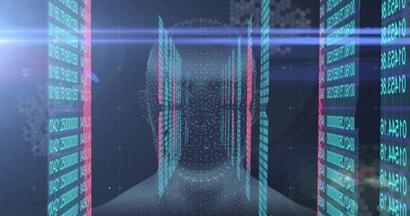 Fototapeta premium Streaming central corridor revealing particle tunnel in virtual network, with teal panels