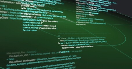 Naklejka premium Displaying monospaced code tilting on-screen green gradient with curved arcs, grid, glowing nodes