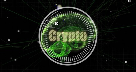 Naklejka premium Displaying circular HUD showing green mesh brain overlaid crypto text in cyberspace with node lines