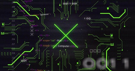 Naklejka premium Glowing bright green X pulsing across digital interface, showing neon traces, spyware labels