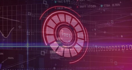 Obraz premium Displaying central radial gauge reading 7005 on control screen, with binary stream and graph
