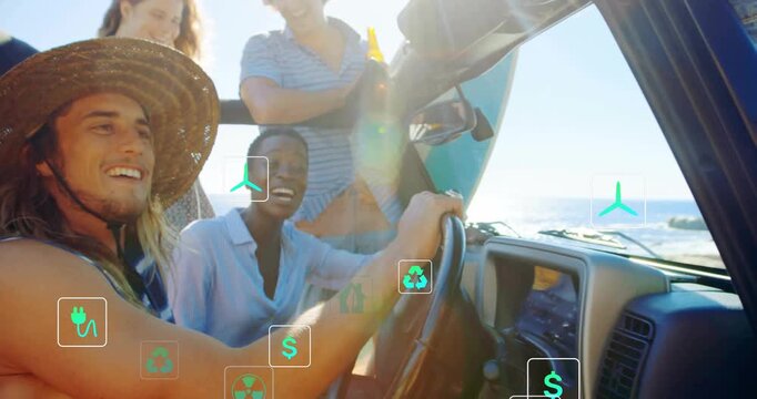 Driver in straw hat gripping wheel camera panning icons rising over group promoting clean energy