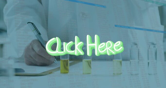 Click Here CTA appearing, cycling colors, senior tech writing and checking vials, noting samples