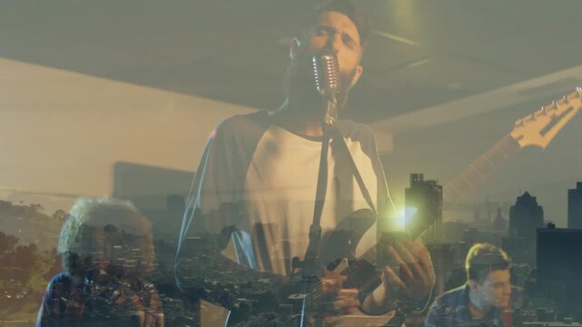 Lead singer starting song moving camera blending skyline overlay playing guitar mic music recording