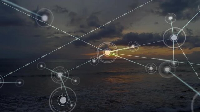Animated network hub brightening and extending lines spawning nodes over semi-transparent sunset IT