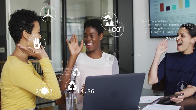 Center woman celebrating, three women high-fiving while climate icons, charts floating across frame