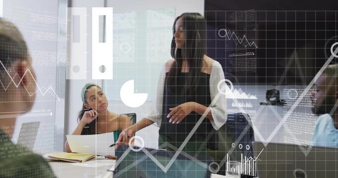 Presenter pointing to paper in meeting, causing animated charts and cloud showing business data