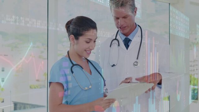 Doctor tapping chart and sparking live health graphs while nurse watching and checking patient data