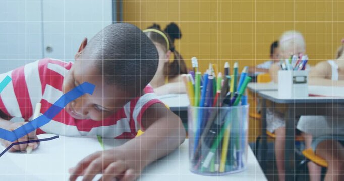 Boy writing at desk while camera panning, revealing girl right, line graphs highlighting schoolwork