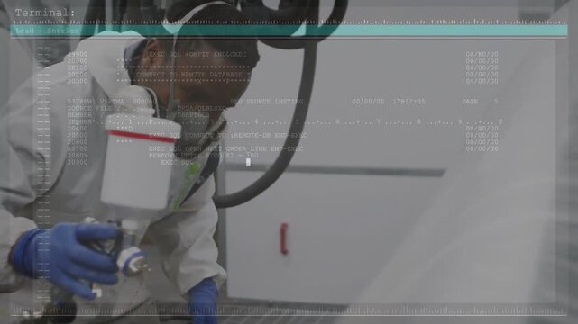 Male technician squeezing spray gun and applying coating in auto booth HUD fading in for coverage