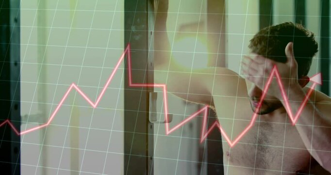 Shirtless man entering, hooking jamb, wiping face in health scene, pink chart tracking recovery