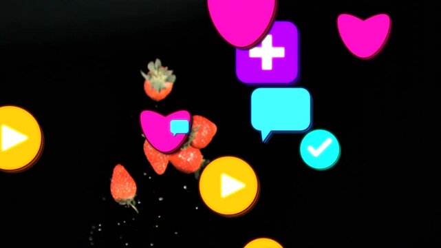 Strawberry tips entering, berries floating rotating as icons drifting piling into promo overlay