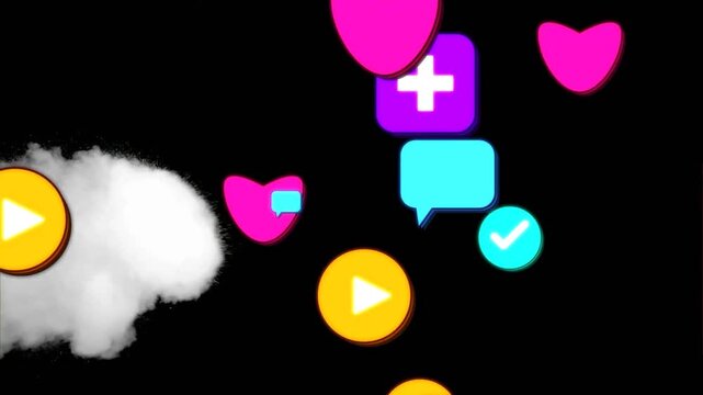 Magenta heart popping, icons spawning, floating, pulsing and stacking over drifting smoke to engage