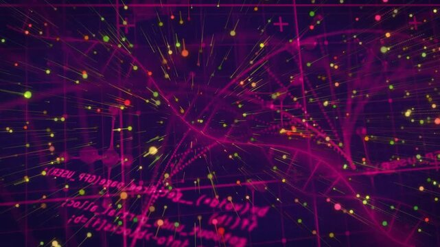 Particle cloud, waveform intensifying, emitting radial trails over magenta grid, showing tech flow