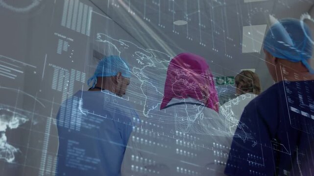 Medical team walking toward doorway after HUD appearing, overlay mapping charts around stethoscope