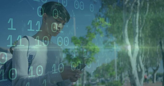 Man checking phone, walking sidewalk, binary overlaying scene, tech overlay softening smile