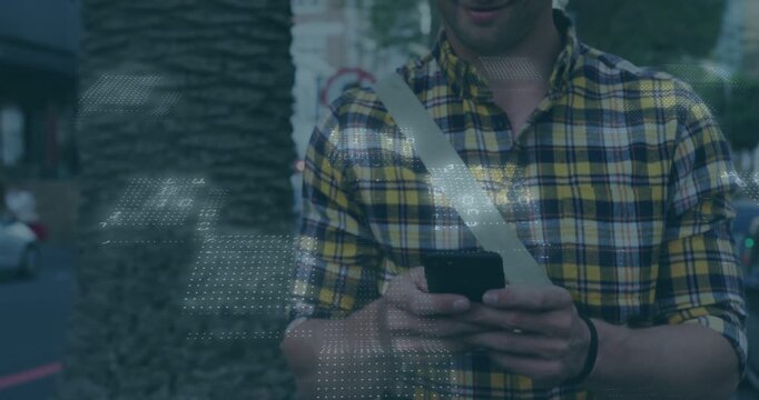 Man steadying bike curb, pulling phone, tapping, checking route, tech dotted overlay matching phone