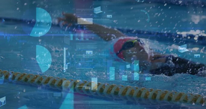 Female swimmer entering from right doing backstroke for sports metrics with charts tracking stroke