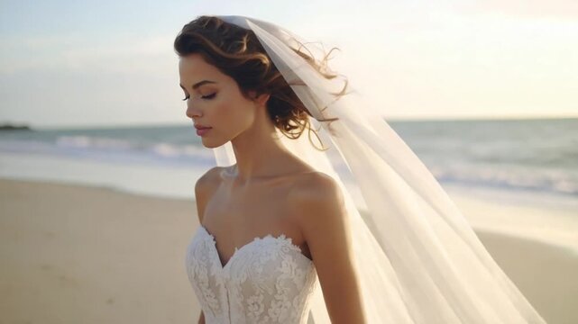 Elegant bride on a serene beach with flowing veil at sunset