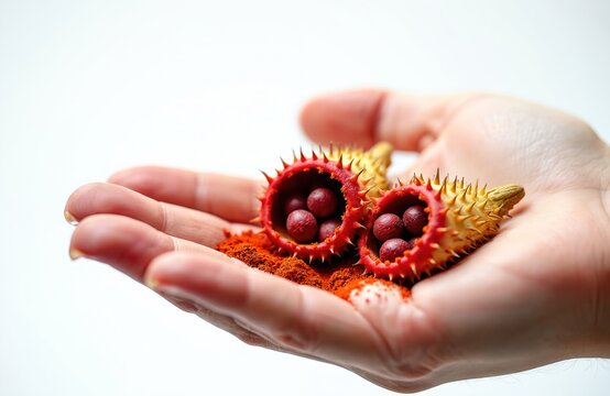 Hand holds annatto seeds powder and red spiky fruits. Achiote paste made from Bixa orellana seeds. Natural food coloring and spice ingredient.