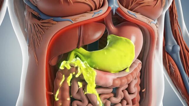 Animated Visualization Of Human Digestive System And Stomach Acid Release.