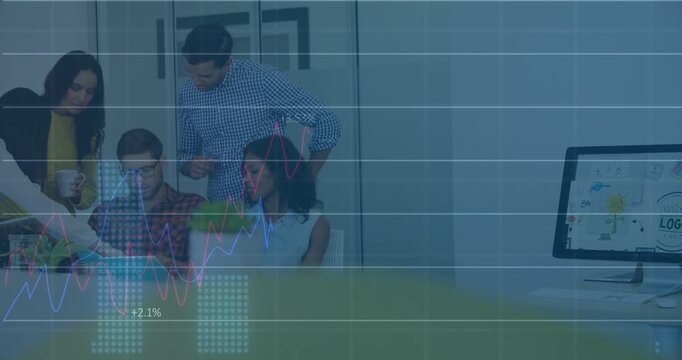 Blur fading as grid appears, team reviewing tablet and analyzing finance data, graphs overlaying
