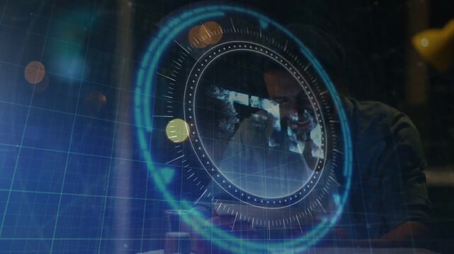 Rotating HUD causing seated man leaning at desk, inner fragments forming into tech form for review
