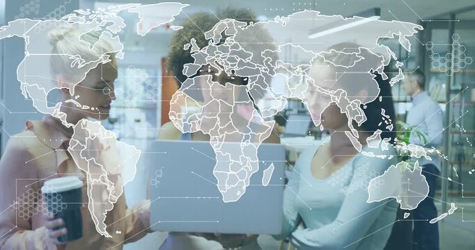 Vertical video: 3 women in office, center holding laptop initiating map overlay showing global data