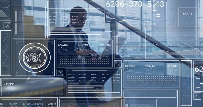 Biz exec sitting stair typing laptop, HUD charts overlaying, camera pulling back revealing passerby