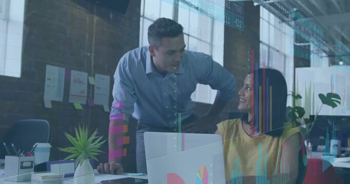 Two coworkers working at office while man coming, leaning and showing laptop data overlay agreeing