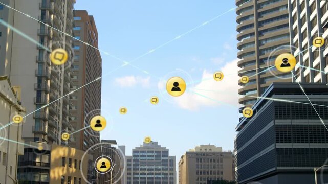 Nodes growing and linking across urban canyon, starting with yellow avatar appearing, showing links