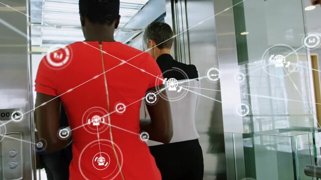 Woman in red entering elevator while checking phone, creating network nodes mapping business links