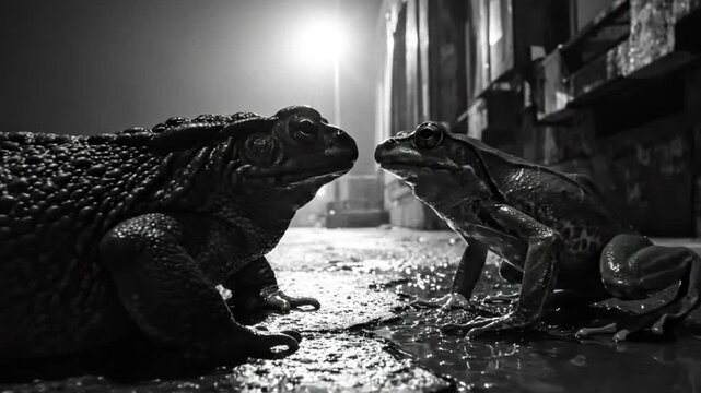 Dramatic monochrome shot of two frogs facing each other on wet pavement beneath a bright light