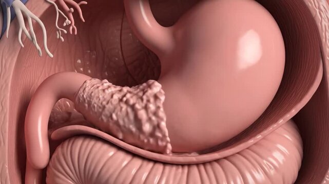 Three dimensional medical animation showing stomach mucosa damage.