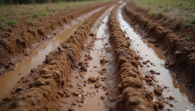 Muddy road with deep tire tracks and water puddles, texture of wet dirt and earth. Rough terrain, natural surface detail, off road adventure.